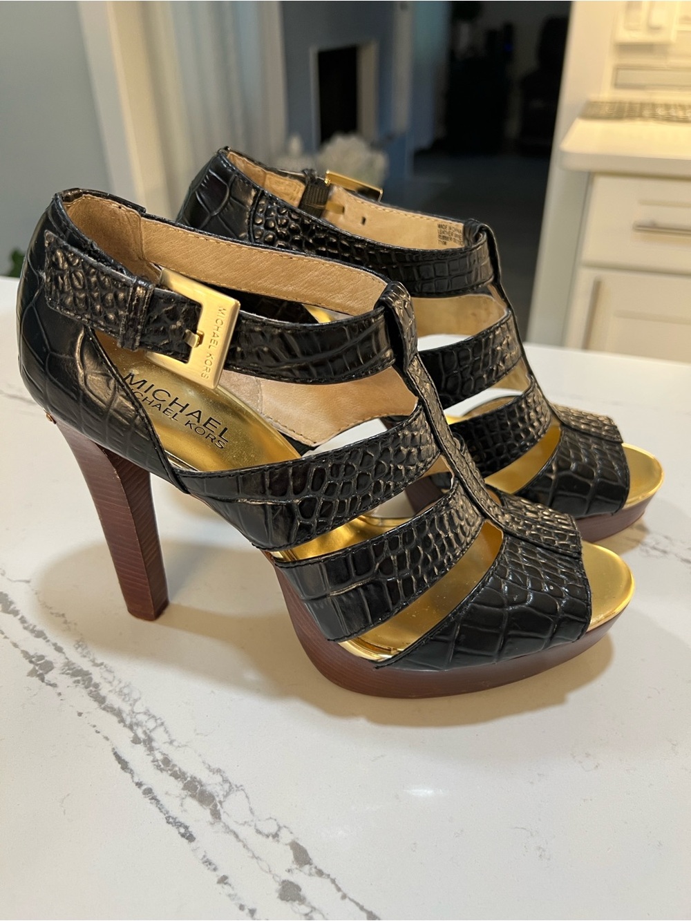 Michael Kors Black Croc-Effect Strappy High Heel Sandals with Gold Accents S 7.5